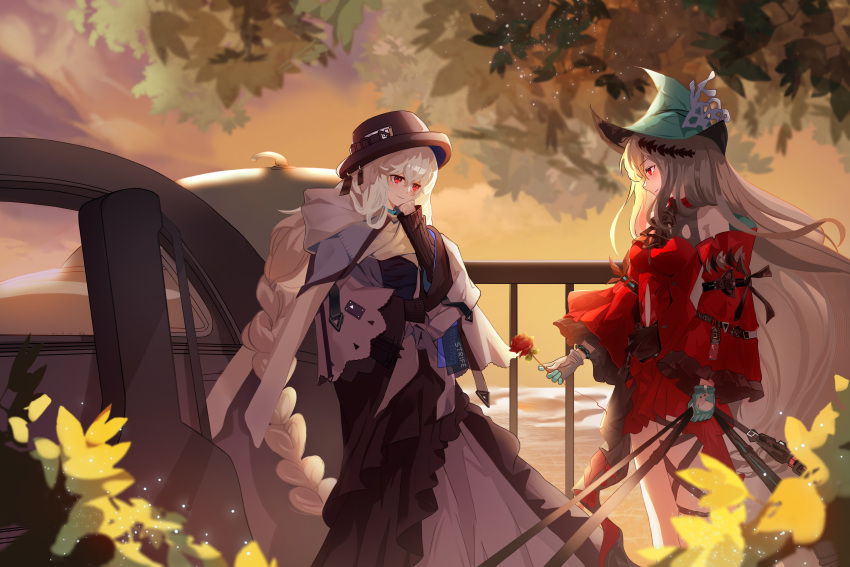 2girls absurdres aqua_gloves aqua_headwear arknights black_dress black_headwear blush braid car chinese_commentary closed_mouth commentary_request dress flower giving gloves ground_vehicle hand_on_own_chin hat highres holding holding_flower holding_strap huasheng_he_kele infection_monitor_(arknights) instrument_case long_hair long_sleeves looking_at_another motor_vehicle multiple_girls official_alternate_costume outdoors red_dress red_eyes red_flower red_rose rose silver_hair single_braid skadi_(arknights) skadi_the_corrupting_heart_(arknights) smile specter_(arknights) specter_(undercurrent)_(arknights) thigh_strap very_long_hair yuri