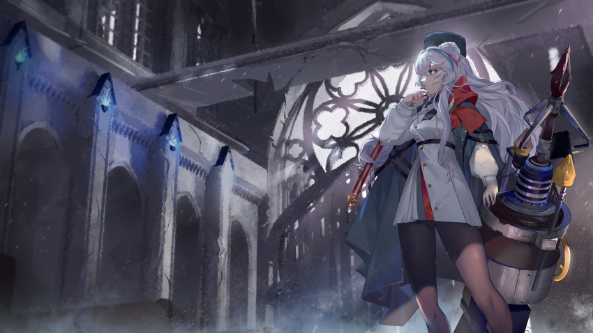 1girl arknights black_legwear blue_cape blue_eyes blue_hair blue_headwear blue_neckwear bow buttons cape church coat commentary_request feet_out_of_frame harpoon_gun hat highres hongbaise_raw indoors long_hair looking_to_the_side multicolored_hair necktie pantyhose parted_lips pink_nails red_bow red_hair rosa_(arknights) russian_commentary solo streaked_hair white_coat white_hair