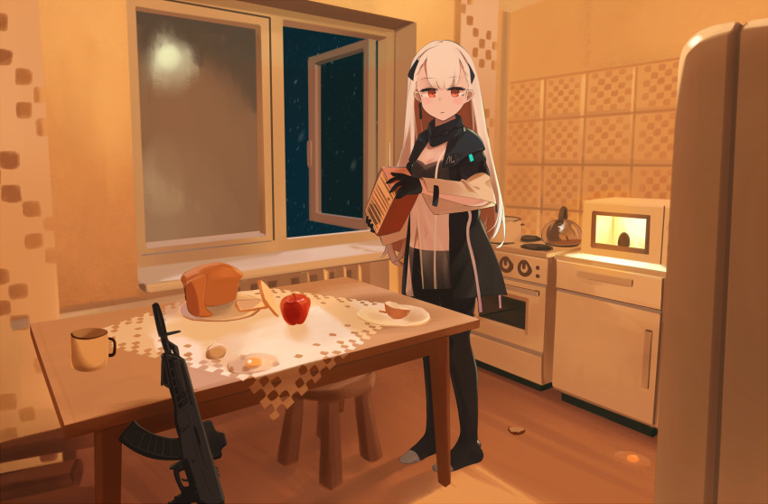 1girl ak-alfa ak-alfa_(girls'_frontline) apple assault_rifle bangs black_gloves black_legwear blush bread cabinet cup egg food fruit full_body girls'_frontline gloves gun highres hinami047 holding interior jacket kitchen long_hair looking_at_viewer messy_room microwave night night_sky open_window pantyhose plate pot red_eyes refrigerator rifle sky snowing solo standing stool stove table tablecloth teapot tile_wall tiles weapon white_hair window