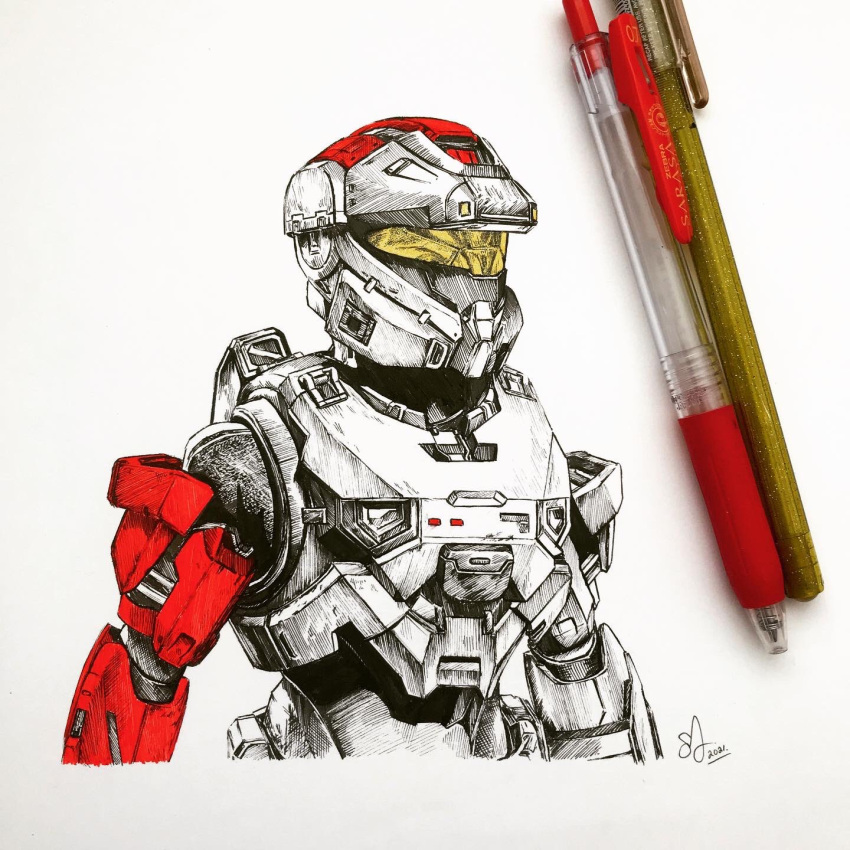 commission english_commentary graphite_(medium) halo_(game) halo_infinite highres ink_(medium) mechanical_pencil pen pencil photo_(medium) power_armor sam_art_tha science_fiction signature spartan_(halo) spot_color traditional_media upper_body visor white_background