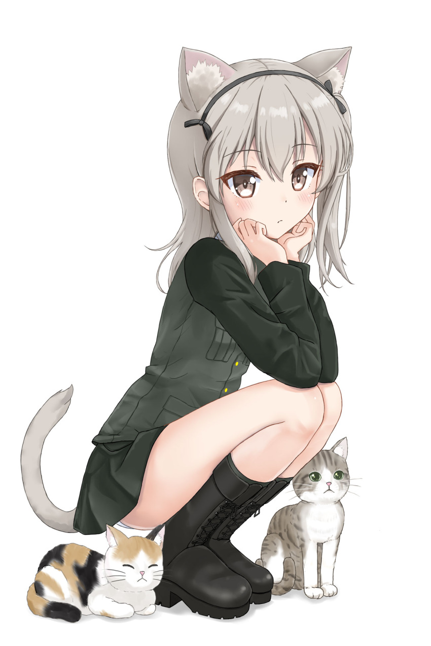 1girl animal animal_ears ass bangs black_bow black_footwear black_hairband black_jacket black_skirt blush boots bow brown_eyes cat cat_ears cat_girl cat_tail closed_mouth commentary_request cross-laced_footwear eyebrows_visible_through_hair flipper full_body girls_und_panzer grey_hair hair_between_eyes hair_bow hairband hands_up highres jacket kemonomimi_mode lace-up_boots long_hair long_sleeves one_side_up panties pleated_skirt selection_university_military_uniform shadow shimada_arisu skirt solo squatting tail underwear white_background white_panties