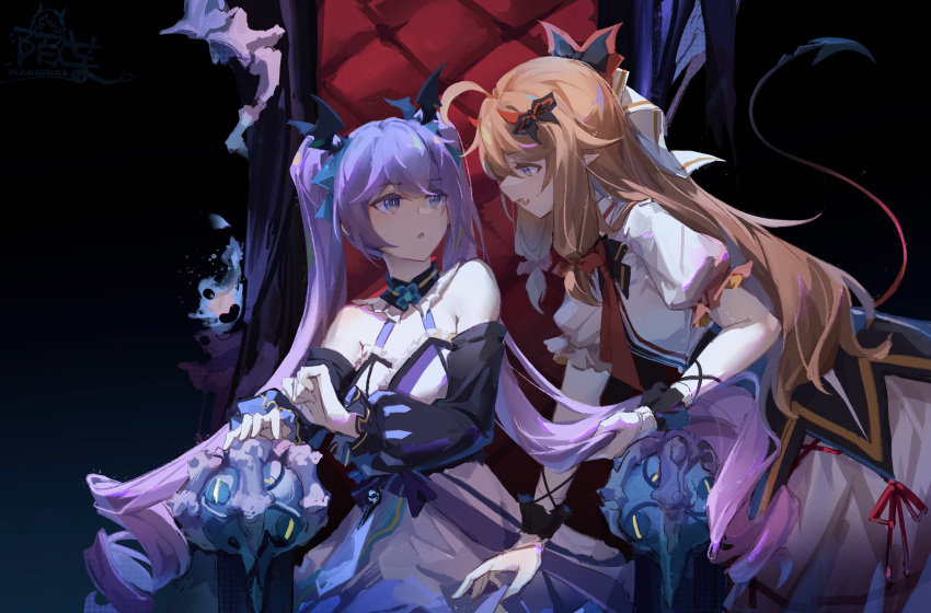 2girls a-soul absurdres ahoge ava_(a-soul) bangs bare_shoulders blue_eyes bow breasts character_request demon_tail detached_collar detached_sleeves diana_(a-soul) dress fangs hair_bow hair_ornament hand_on_another's_thigh highres holding_another's_hair light_brown_hair long_hair moyu_marginal multiple_girls open_mouth pointy_ears puffy_short_sleeves puffy_sleeves purple_eyes purple_hair short_sleeves sitting tail throne twintails two_side_up very_long_hair virtual_youtuber yuri