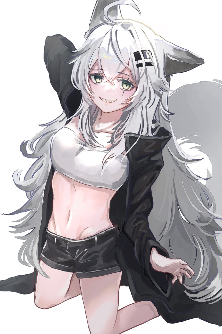 1girl animal_ears arknights arm_up bandeau bare_legs black_coat black_shorts coat collarbone commentary eyebrows_visible_through_hair grey_eyes hair_ornament hairclip highres kneeling lappland_(arknights) long_hair long_sleeves looking_at_viewer midriff nanaponi open_clothes open_coat parted_lips scar scar_across_eye sharp_teeth shorts silver_hair simple_background smile solo strapless tail teeth tubetop white_background white_bandeau white_tubetop wolf_ears wolf_girl wolf_tail