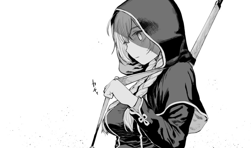 1girl bangs braid breasts capelet commentary_request from_side greyscale gun hatching_(texture) highres hood hood_up hooded_capelet ibuki_(abuki) kantai_collection long_hair long_sleeves monochrome profile shinshuu_maru_(kancolle) solo twin_braids upper_body weapon weapon_on_back
