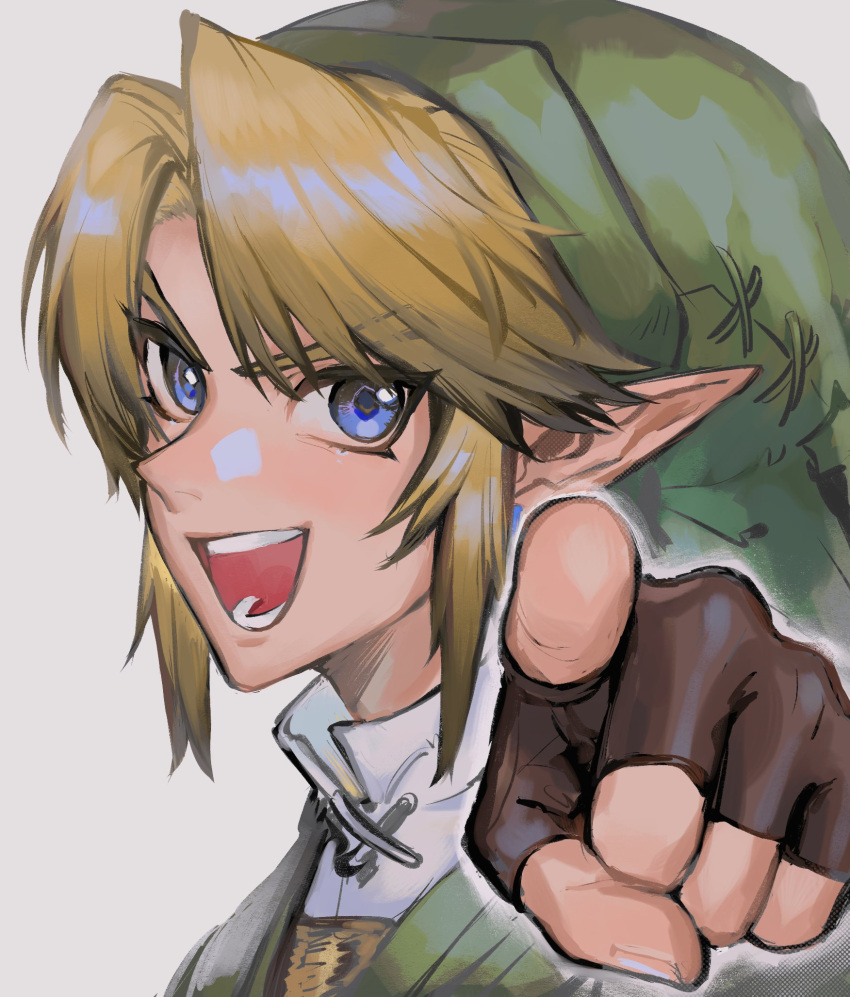 1boy bangs bibabunie blonde_hair blue_eyes brown_gloves earrings fingerless_gloves gloves green_headwear grey_background hat highres jewelry link looking_at_viewer male_focus open_mouth pointing pointing_at_viewer pointy_ears portrait simple_background solo the_legend_of_zelda tunic