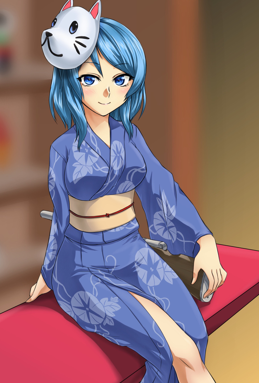 1girl absurdres akito_(sub707) bench blue_eyes blue_hair blue_kimono cat_mask closed_mouth flower gun highres japanese_clothes kantai_collection kimono legs long_hair looking_at_viewer mask mask_removed morning_glory obi rifle sash shelf shooting_gallery sitting smile solo urakaze_(kantai_collection) weapon