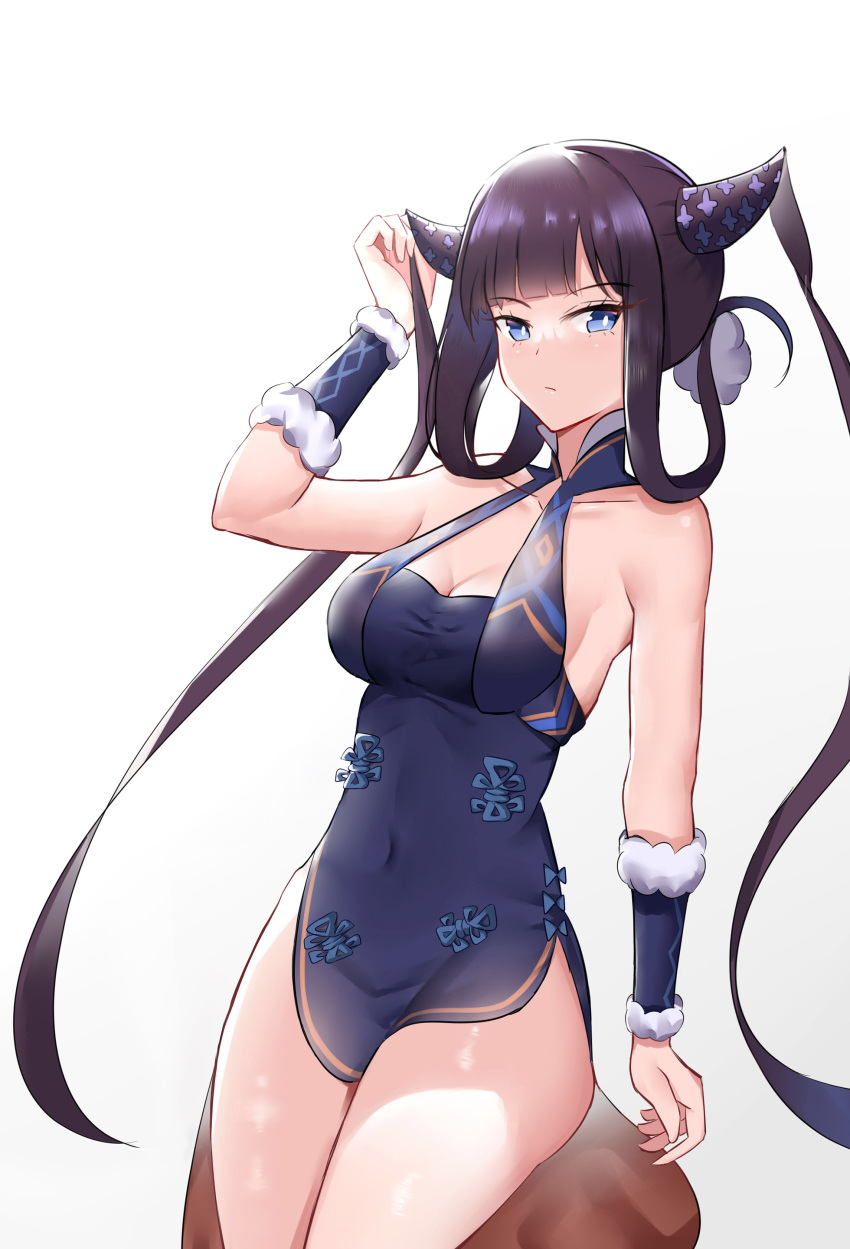 1girl absurdres bangs bare_shoulders black_hair blue_dress blue_eyes blunt_bangs bow breasts china_dress chinese_clothes cleavage detached_sleeves dress expressionless fate/grand_order fate_(series) fur_trim hair_ornament hand_up highres looking_at_viewer multicolored_hair navel purple_hair ribbon sidelocks simple_background solo strapless strapless_dress thighs twintails two-tone_hair white_background yang_guifei_(fate) yinori