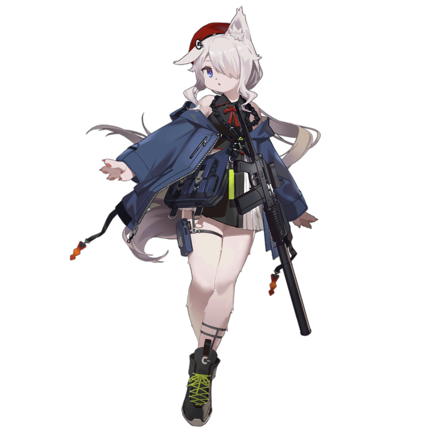 1girl 9a-91 9a-91_(girls'_frontline) 9a-91_(travelling_with_a_loyal_friend)_(girls'_frontline) :o animal_ear_request animal_ears animal_hands animal_nose assault_rifle bare_shoulders beret black_footwear black_jacket black_shirt blue_eyes bow bowtie fangdan_runiu full_body furrification furry furry_female game_cg girls'_frontline gun hair_ornament hair_over_one_eye hat highres jacket long_hair looking_at_viewer official_art open_clothes open_jacket red_bow red_headwear rifle shirt shoes simple_background sleeveless sleeveless_shirt solo standing tachi-e tail thigh_pouch thigh_strap transparent_background weapon