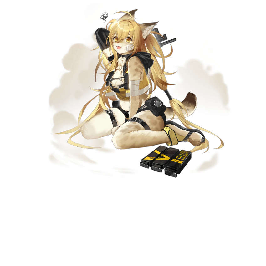 1girl ahoge animal_ears animal_feet animal_nose arm_behind_head bahao_diqiu bandages bare_shoulders between_legs black_footwear black_scarf black_shorts black_sleeves blonde_hair breasts chest_tuft cleavage damaged detached_sleeves fang furrification furry furry_female game_cg girls'_frontline hair_between_eyes hand_between_legs highres long_hair looking_at_viewer micro_shorts midriff navel official_art pm-9_(girls'_frontline) pm-9_(undefeated_golden_tornado)_(girls'_frontline) pouch sandals scarf shorts simple_background single_detached_sleeve sitting smoke solo tail thigh_strap thighs tongue tongue_out transparent_background twintails wariza yellow_crop_top