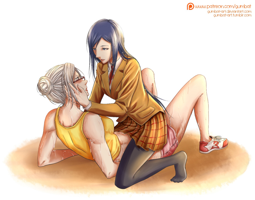 2girls black_hair black_legwear glasses gumbat highres holding_another's_head kurihara_mari_(prison_school) leggings looking_at_another lying multiple_girls on_back on_floor on_person pantyhose prison_school school_uniform shiny shiny_hair shiraki_meiko shorts skirt sweat sweating_profusely tank_top tied_hair wet white_hair wife_and_wife yellow_tank_top yuri