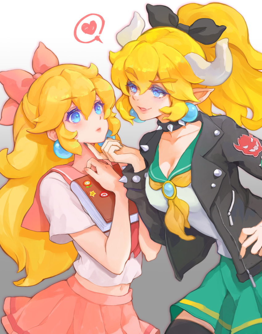 alternate_costume alternate_hairstyle blonde_hair blue_eyes blush book bow bowser bowsette bracelet closed_mouth collar earrings grabbing_another's_chin hair_ornament hand_on_another's_chin heart highres holding holding_book horns jacket jewelry long_hair mario_(series) midriff midriff_peek mushroommirror navel neckerchief nintendo princess_peach school_uniform smile spiked_bracelet spiked_collar spikes super_mario_bros. thick_eyebrows white_background