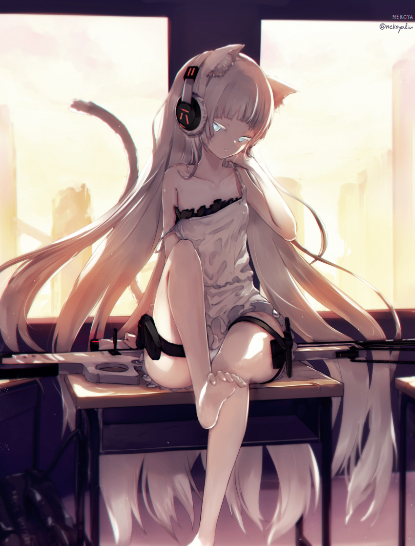 1girl absurdres ai_arctic_warfare animal_ear_fluff animal_ears awp_(girls'_frontline)_(nekoya_(liu)) bag bare_arms bare_shoulders barefoot big_hair blue_eyes bolt_action cat_ears cat_girl cat_tail classroom closed_mouth collarbone colored_eyelashes commentary_request day desk dress foot_out_of_frame girls'_frontline glowing glowing_eyes gun head_tilt headphones highres huge_filesize indoors leg_up long_hair nekoya_(liu) original revision rifle school_bag school_desk scope signature silver_hair sitting sniper_rifle soles solo strap_slip sunlight tail tail_raised toes twitter_username very_long_hair weapon white_dress window