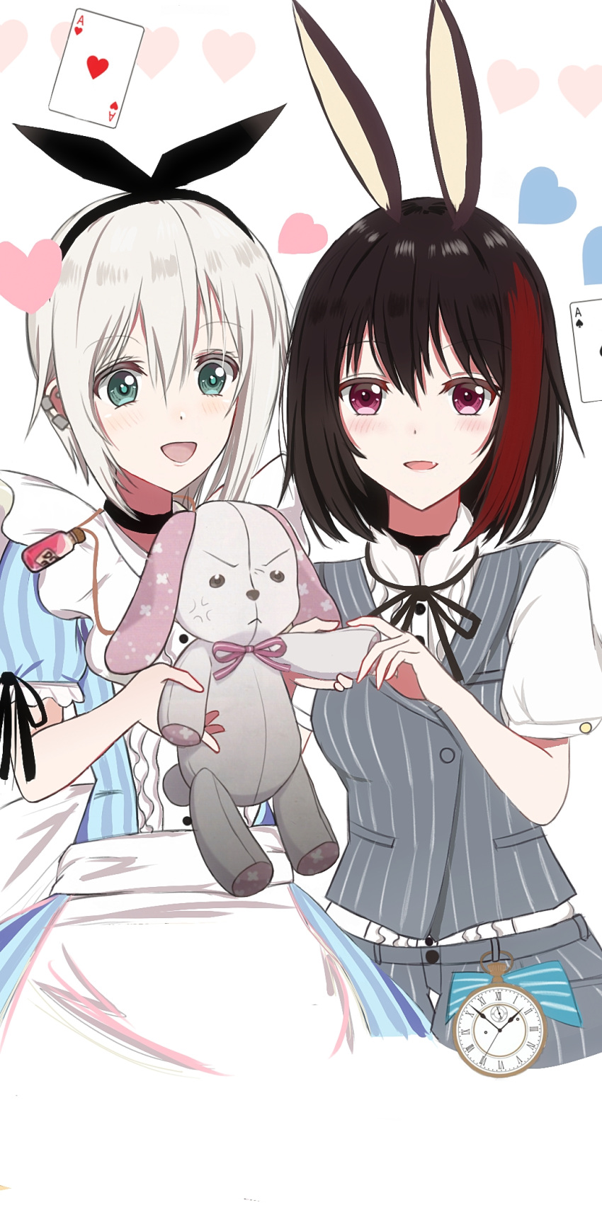 2girls ace_of_hearts ace_of_spades alice_(alice_in_wonderland) alice_(alice_in_wonderland)_(cosplay) alice_in_wonderland anger_vein animal_ears aoba_moca apron aqua_eyes bang_dream! bangs black_choker black_hair black_ribbon blue_dress choker clock cosplay dress eyebrows_visible_through_hair fuku_kaitai!!!! grey_hair hair_ribbon heart heart_background highres mitake_ran multicolored_hair multiple_girls purple_eyes rabbit_ears red_hair ribbon short_hair smile streaked_hair stuffed_animal stuffed_dog stuffed_toy white_apron