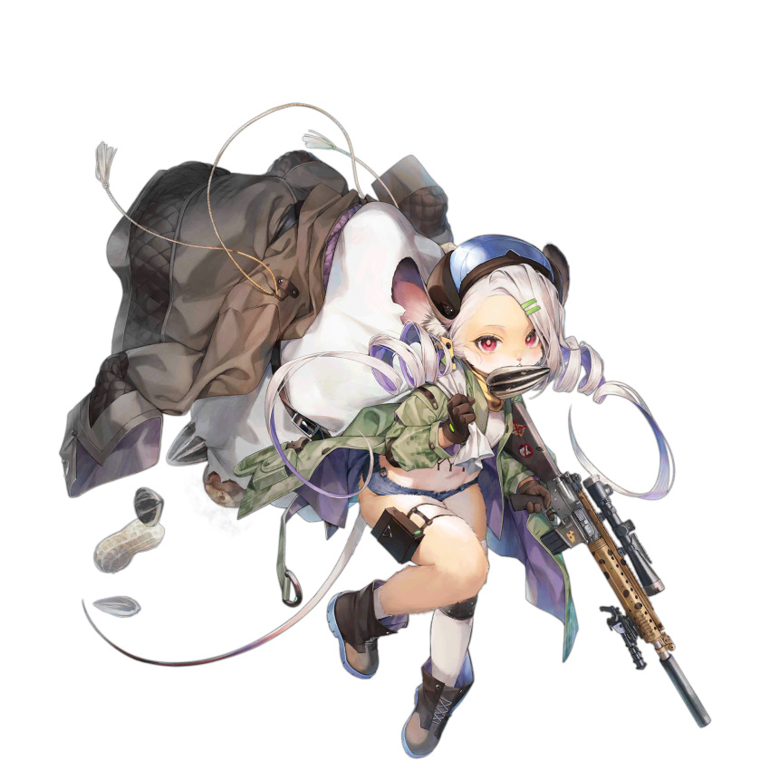 1girl animal_ears animal_nose asymmetrical_legwear black_footwear black_gloves black_headwear black_jacket blue_shorts carrying_over_shoulder costume_request denim denim_shorts douya_(233) drill_hair furrification furry furry_female game_cg girls'_frontline gloves green_jacket gun highres holding holding_gun holding_weapon jacket jacket_removed knee_pads leaning_forward long_hair looking_at_viewer micro_shorts midriff mismatched_legwear mk_12_(girls'_frontline) mk_12_spr mouse_ears mouse_girl mouse_tail mouth_hold official_alternate_costume official_art open_clothes open_jacket peanut red_eyes seed shirt shorts simple_background single_knee_pad single_sock single_thighhigh socks solo standing sunflower_seed tail thigh_pouch thighhighs transparent_background twin_drills weapon white_hair white_legwear white_shirt