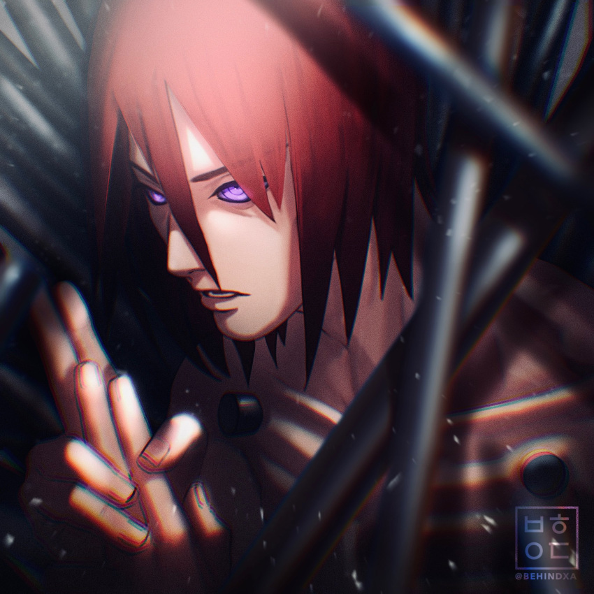 1boy artist_name behindxa highres male_focus nagato_(naruto) naruto_(series) naruto_shippuuden open_mouth purple_eyes red_hair rinnegan shirtless solo teeth upper_body