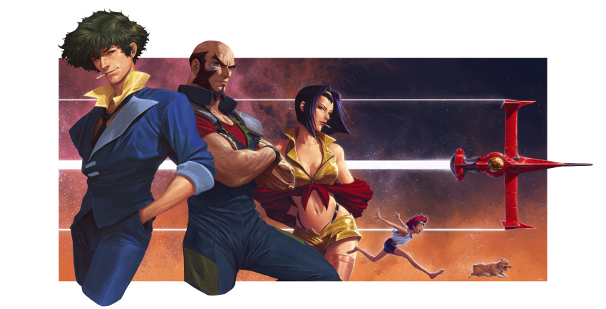 2boys 2girls arms_behind_back bald bare_shoulders beard bike_shorts black_eyes black_neckwear blue_jacket blue_pants breasts chasing cleavage collarbone collared_shirt cowboy_bebop crop_top crossed_arms dave_rapoza dog dress_shirt edward_wong_hau_pepelu_tivrusky_iv ein_(cowboy_bebop) facial_hair facing_to_the_side facing_viewer faye_valentine green_hair hair_behind_ear hands_in_pocket head_tilt headband highres jacket jet_black jumpsuit large_breasts light_smile looking_at_viewer looking_away looking_to_the_side medium_hair midriff multiple_boys multiple_girls navel necktie off_shoulder open_clothes open_jacket orange_hair pants purple_hair red_jacket red_lips red_shirt running scar scar_on_face shirt short_hair short_shorts short_sleeves shorts shoulder_pads sky sleeveless sleeves_rolled_up smoking space_craft spike_spiegel star_(sky) starry_sky suspender_shorts suspenders thighhighs unzipped welsh_corgi white_shirt yellow_headband yellow_shirt yellow_shorts zipper