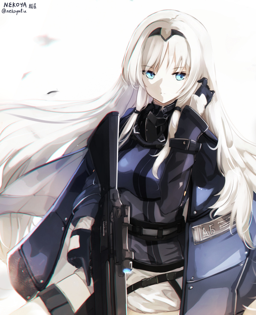 1girl an-94 an-94_(girls'_frontline) assault_rifle bangs black_gloves black_hairband blue_eyes closed_mouth commentary eyebrows_visible_through_hair girls'_frontline gloves gun hairband hand_in_hair hand_up highres holding holding_gun holding_weapon jacket long_hair looking_away looking_to_the_side nekoya_(liu) object_namesake purple_jacket revision rifle short_shorts shorts sidelocks solo trigger_discipline twitter_username very_long_hair weapon white_background white_hair white_shorts