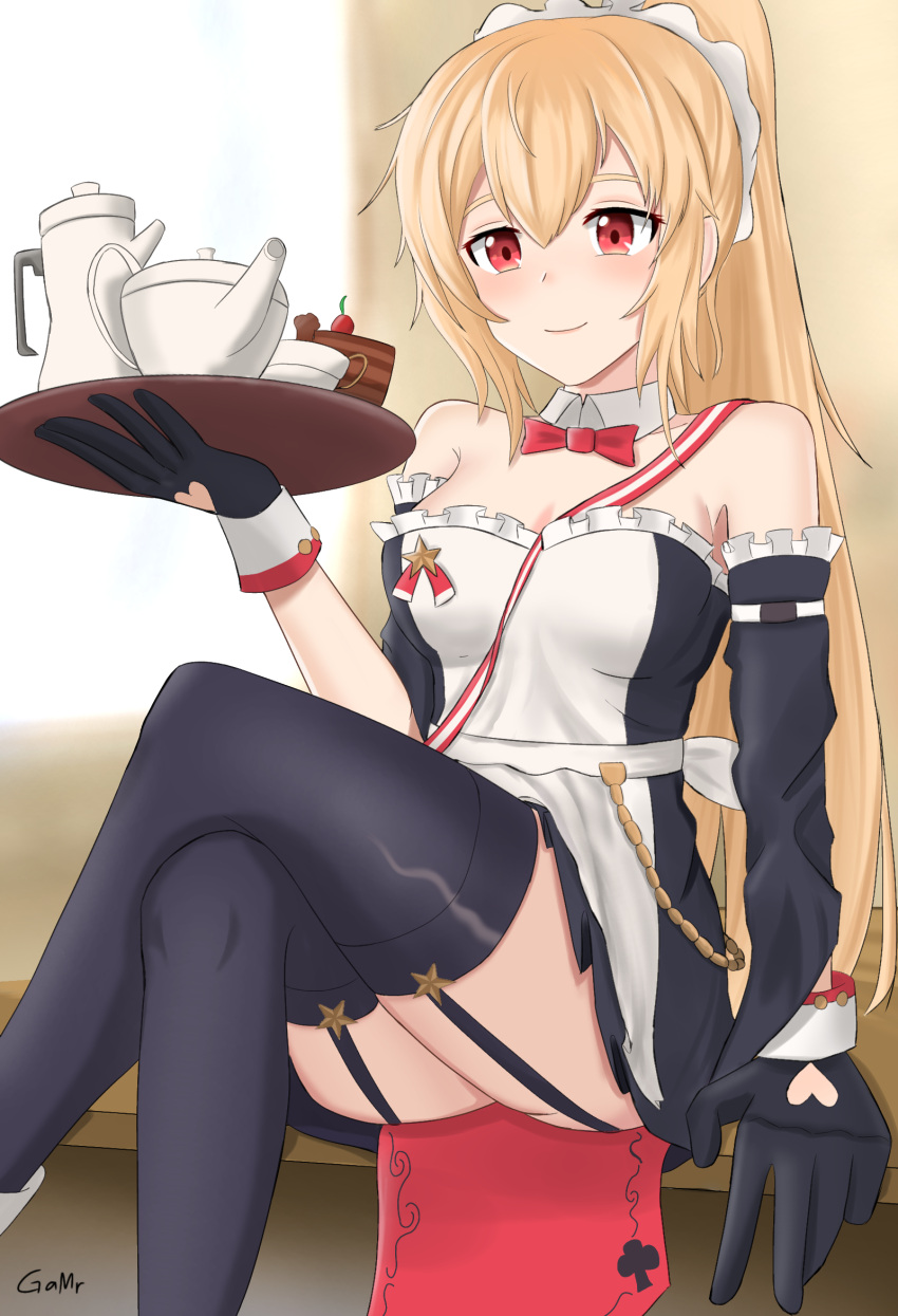 1girl blonde_hair bow bowtie cake cake_slice crossed_legs detached_sleeves food gamryous garter_straps girls'_frontline gloves highres holding holding_tray long_hair maid maid_headdress ponytail red_eyes sitting solo sv-98_(girls'_frontline) tea_set thighhighs tray