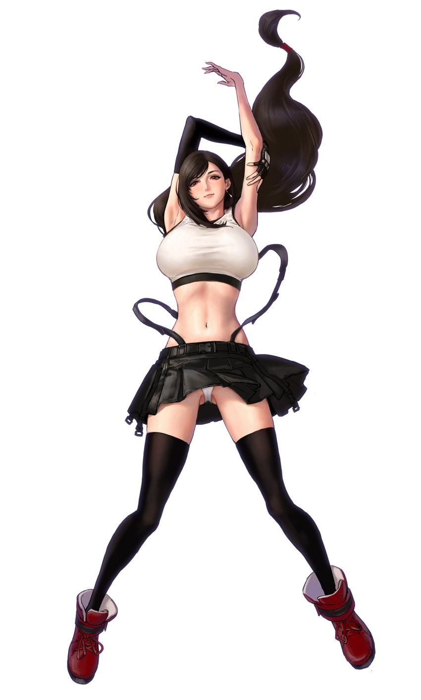1girl armpits arms_up black_legwear breasts brown_hair clothes_lift crop_top earrings elbow_gloves final_fantasy final_fantasy_vii final_fantasy_vii_remake fingerless_gloves gloves highres jewelry large_breasts lips long_hair low-tied_long_hair lying miniskirt on_back panties pantyshot red_eyes red_footwear single_glove skirt skirt_lift smile solo suspender_skirt suspenders suspenders_removed tank_top thighhighs tifa_lockhart underwear white_background white_panties white_tank_top zjl_baiqishi