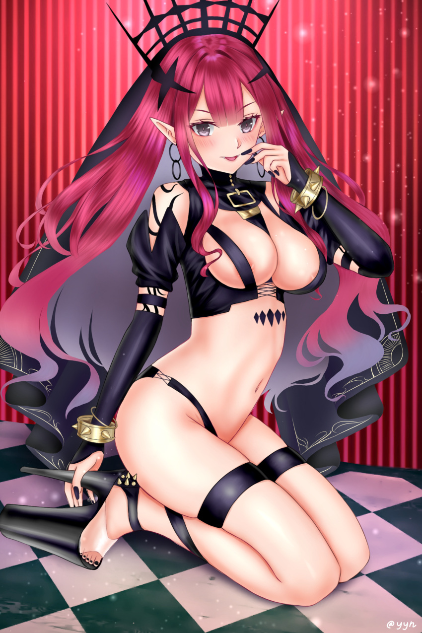 1girl absurdres areola_slip areolae black_footwear black_nails black_sleeves black_veil blush breasts chain_earrings commentary_request earrings fairy_knight_tristan_(fate) fangs fate/grand_order fate_(series) highres hoop_earrings jewelry kneeling large_breasts long_hair looking_at_viewer midriff nail_polish navel platform_footwear platform_heels pointy_ears purple_eyes red_hair revealing_clothes smile solo thigh_strap toenail_polish toenails very_long_hair yayanri
