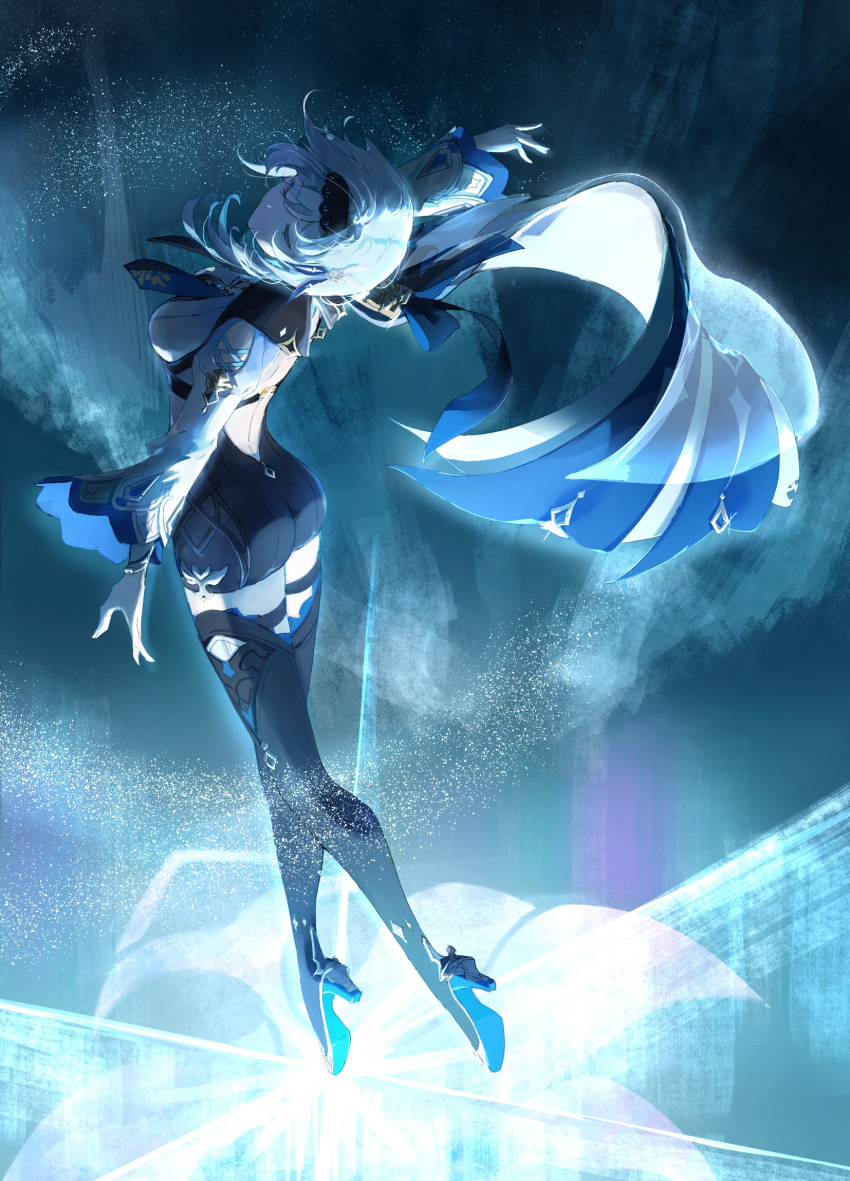 1girl ass back_cutout blue_cape blue_hair blue_neckwear boots breasts cape closed_eyes clothing_cutout eula_(genshin_impact) facing_back flameaqua genshin_impact hairband highres medium_hair necktie shoulder_cutout solo thigh_boots thighhighs thighs