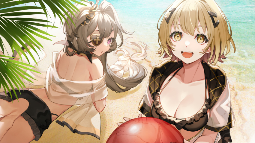 2girls alchemy_stars ball beach bikini braids brown_eyes brown_hair eicy_(alchemy_stars) eyepatch gray_hair long_hair purple_eyes short_hair swimsuit vice_(alchemy_stars) water yuu_(higashi_no_penguin)