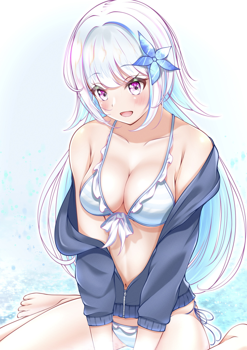 1girl :d absurdres bangs bikini blue_bikini blue_flower blue_hair blush breasts cleavage clothes_down collarbone eyebrows_visible_through_hair floating_hair flower gradient_hair hair_flower hair_intakes hair_ornament highres lize_helesta long_hair medium_breasts multicolored_hair nagori0127 navel nijisanji open_mouth partially_unzipped pink_eyes side-tie_bikini sideboob silver_hair sitting smile solo swimsuit very_long_hair virtual_youtuber wariza