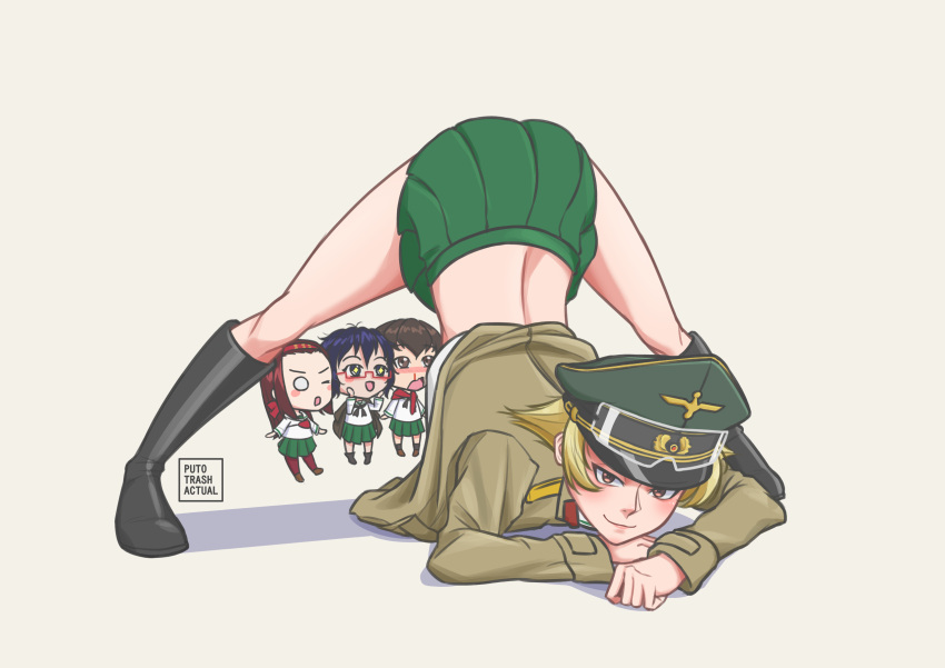 4girls artist_name blonde_hair blood blush blush_stickers brown_eyes brown_hair caesar_(girls_und_panzer) chibi erwin_(girls_und_panzer) girls_und_panzer goggles goggles_on_head green_sailor_collar green_skirt hands_on_own_cheeks hands_on_own_face hat highres jack-o'_challenge long_hair looking_at_viewer midriff military_hat multiple_girls nosebleed one_eye_closed ooarai_school_uniform oryou_(girls_und_panzer) pantyhose pleated_skirt puto_trash red-framed_eyewear red_ribbon ribbon saemonza_(girls_und_panzer) sailor_collar school_uniform semi-rimless_eyewear short_hair skirt smile thighs white_background yellow_eyes