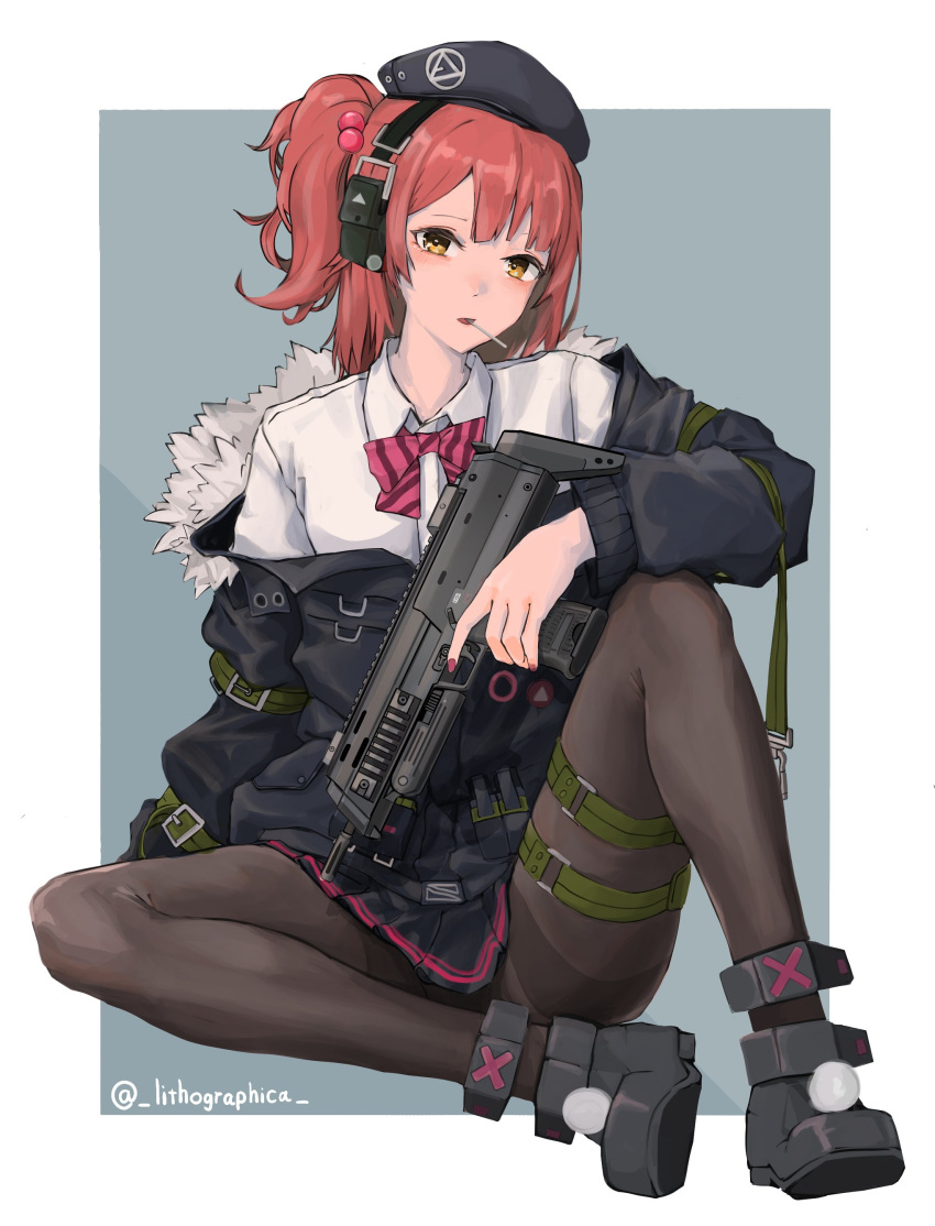 1girl absurdres artist_name bangs beret black_footwear black_headwear black_jacket black_legwear black_skirt bow bowtie candy eyebrows_visible_through_hair food fur-trimmed_jacket fur_trim girls'_frontline gun h&amp;k_mp7 hair_bobbles hair_ornament hat headphones highres holding holding_gun holding_weapon jacket lithographica lollipop long_sleeves looking_at_viewer mouth_hold mp7_(girls'_frontline) nail_polish off_shoulder one_side_up pantyhose pink_nails pink_neckwear pleated_skirt red_hair revision shirt simple_background sitting skirt solo submachine_gun thigh_strap twitter_username two-tone_background weapon white_shirt yellow_eyes
