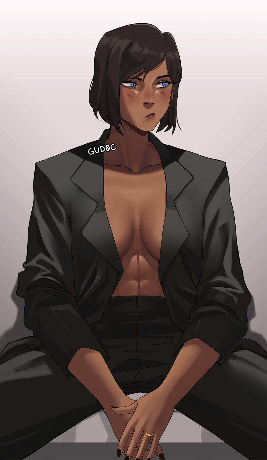 1girl abs against_wall avatar_(series) bangs black_nails black_pants black_suit blue_eyes breasts brown_hair cleavage collarbone dark-skinned_female dark_skin grey_background gud0c high-waist_pants highres jacket jewelry korra large_breasts looking_away muscular muscular_female nail_polish no_bra open_clothes open_jacket pants ring shirtless short_hair sitting sleeves_pushed_up solo spread_legs swept_bangs the_legend_of_korra wedding_band