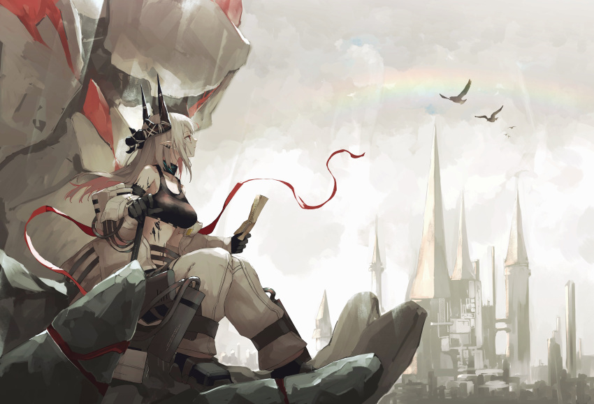 1girl absurdres arknights bird black_gloves black_horns black_tank_top breasts building city closed_mouth cloud cloudy_sky commentary_request crop_top ear_piercing full_body gloves golem grey_sky hammer highres holding holding_paper horns infection_monitor_(arknights) jumpsuit kensei_(v2) large_breasts letter long_hair looking_away mudrock_(arknights) mudrock_colossus_(arknights) open_jumpsuit oripathy_lesion_(arknights) outdoors paper piercing pointy_ears profile rainbow red_ribbon ribbon sitting sky solo tank_top white_hair white_jumpsuit