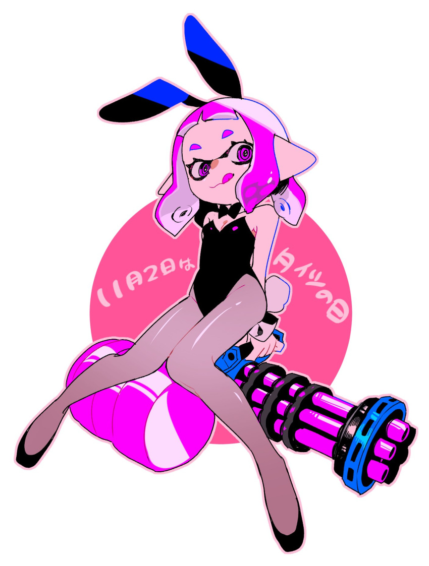 1girl :q animal_ears bangs black_footwear black_leotard black_neckwear blunt_bangs bob_cut bow bowtie closed_eyes commentary dated fake_animal_ears fake_tail flats grey_legwear heavy_splatling_(splatoon) highres holding holding_weapon ika_shicomcom inkling leotard long_hair looking_at_viewer pantyhose playboy_bunny pointy_ears purple_eyes purple_hair rabbit_ears rabbit_tail short_hair sitting smile solo splatoon_(series) strapless strapless_leotard tail tentacle_hair tights_day tongue tongue_out translated weapon white_background