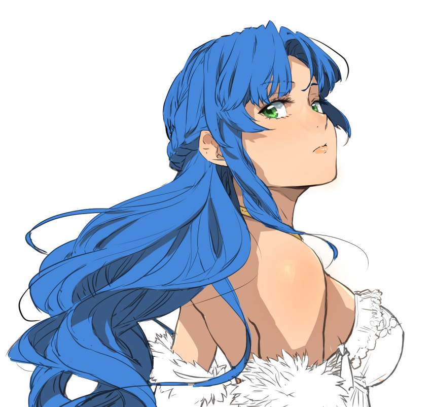 1girl blue_hair breasts closed_mouth enami_katsumi floating_hair from_side green_eyes hair_intakes highres long_hair looking_at_viewer looking_back medium_breasts partially_colored puyopuyo rulue_(puyopuyo) sideboob simple_background sketch solo upper_body very_long_hair white_background