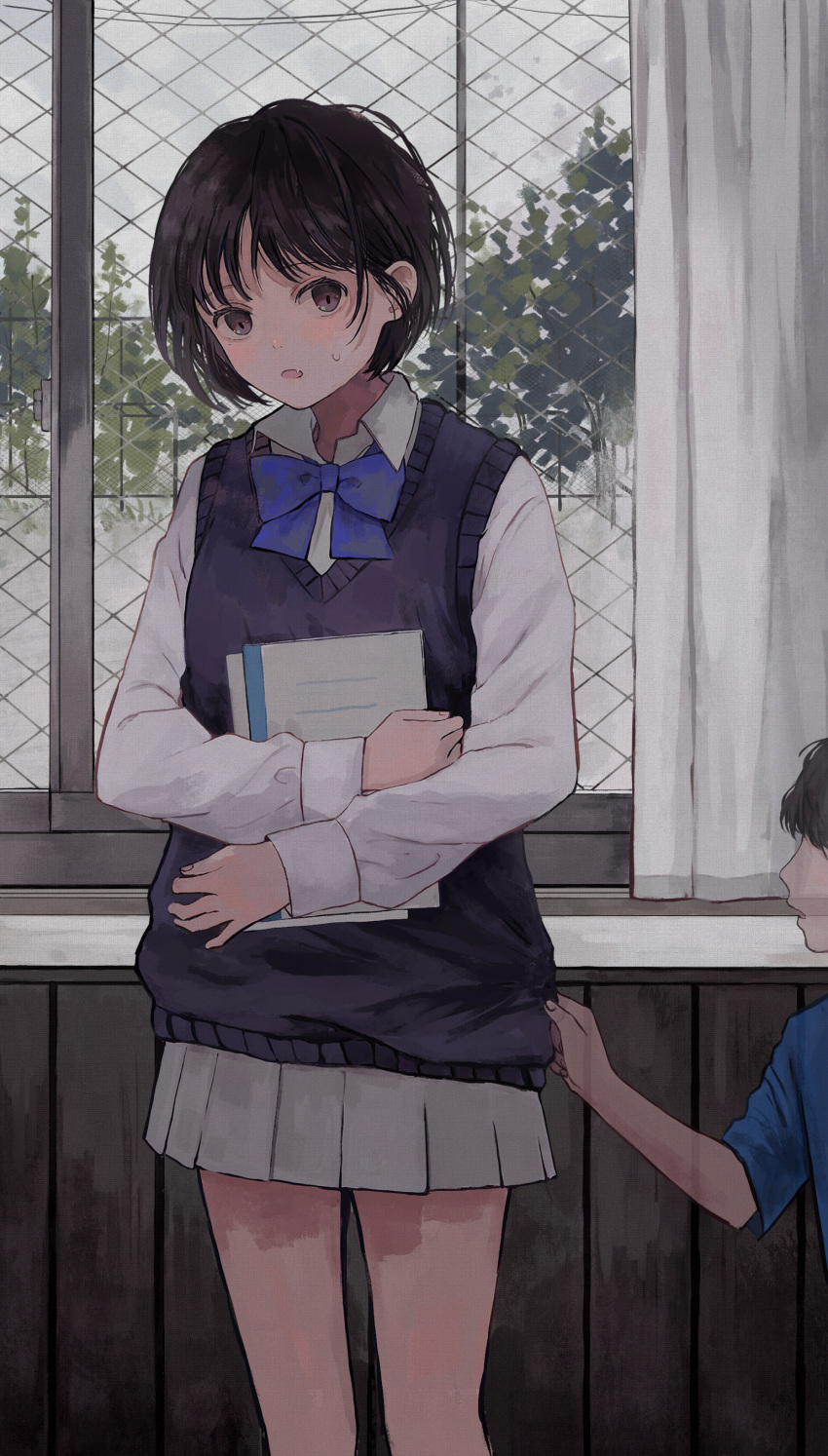 1boy 1girl :o absurdres bangs black_hair black_sweater_vest blue_bow blue_neckwear blush book bow bowtie brown_eyes child commentary curtains dress_shirt fog ghost grey_sky hair_strand head_tilt height_difference highres holding holding_book indoors long_sleeves looking_at_viewer maoyasumisumi messy_hair open_mouth original pleated_skirt power_lines school_uniform shirt short_hair skirt solo_focus standing sweatdrop sweater_vest_tug translucent tree utility_pole wainscoting white_shirt white_skirt window