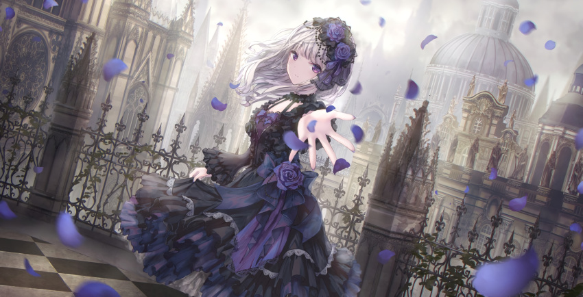 aliasing apple228 building goth-loli gray_hair lolita_fashion long_hair original petals purple_eyes