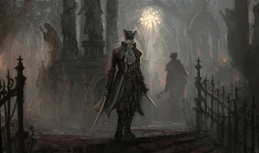 1girl absurdres ascot blonde_hair blood bloodborne blue_eyes cape coat double-blade fantasy gloves gothic hat hat_feather highres holding kino_(0.dte) lady_maria_of_the_astral_clocktower long_hair looking_at_viewer ponytail rakuyo_(bloodborne) simple_background sword the_old_hunters tricorne victorian weapon white_hair