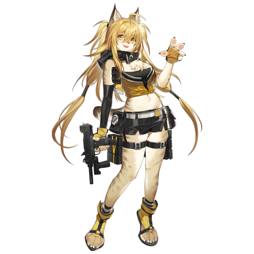 1girl ahoge animal_ears animal_feet animal_hands animal_nose bahao_diqiu bare_shoulders black_scarf black_shorts black_sleeves blonde_hair breasts chest_tuft crop_top detached_sleeves fang fingerless_gloves full_body furrification furry furry_female game_cg girls'_frontline gloves gun hair_between_eyes highres holding holding_gun holding_weapon long_hair looking_at_viewer medium_breasts midriff navel official_art open_mouth pm-9_(girls'_frontline) pm-9_(undefeated_golden_tornado)_(girls'_frontline) sandals scarf shorts simple_background single_detached_sleeve solo standing tail thigh_strap transparent_background twintails very_long_hair waving weapon yellow_crop_top yellow_eyes yellow_footwear yellow_gloves