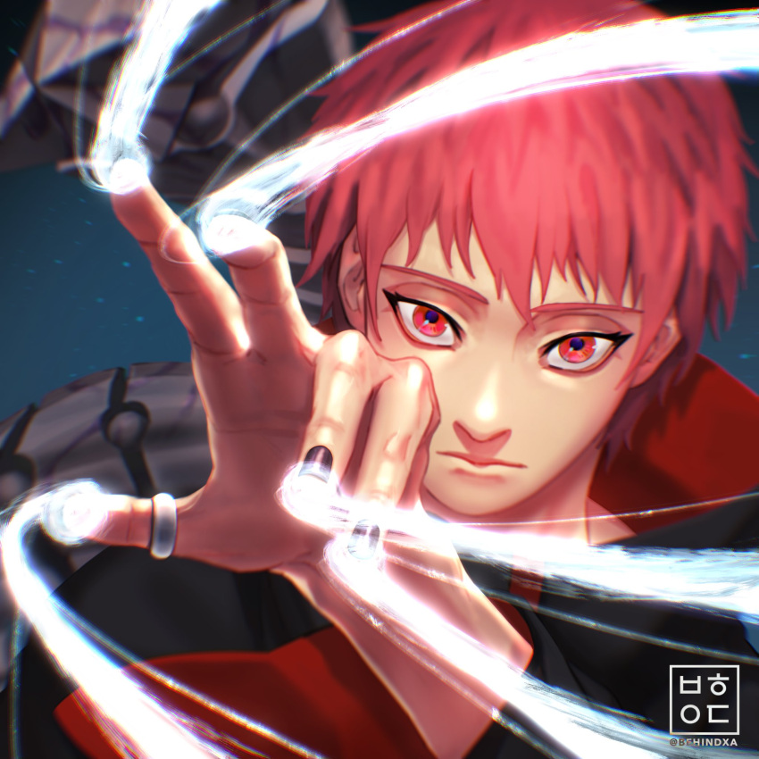 1boy akatsuki_(naruto) akatsuki_uniform artist_name behindxa black_coat black_nails closed_mouth coat highres looking_at_viewer male_focus nail_polish naruto_(series) naruto_shippuuden red_eyes red_hair sasori_(naruto) solo string upper_body