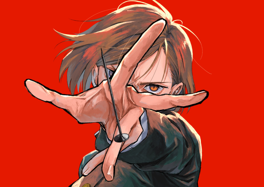 1girl black_shirt brown_eyes brown_hair buttons do_wahahaha hair_behind_ear high_collar highres holding_nail jujutsu_kaisen jujutsu_tech_uniform kugisaki_nobara long_sleeves looking_at_viewer nail outstretched_arm red_background shirt shirt_under_shirt short_hair simple_background slit_pupils solo uniform white_shirt