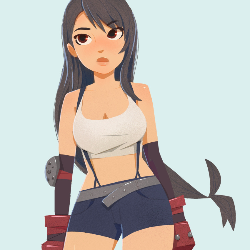 1girl arms_at_sides bangs belt black_gloves black_hair black_shorts blue_background blush bmo_art breasts brown_eyes cleavage commentary cowboy_shot crop_top cropped_shirt elbow_gloves final_fantasy final_fantasy_vii gloves grey_belt hair_over_shoulder large_breasts light_blush long_hair looking_up low-tied_long_hair midriff nose_blush red_gloves shirt shorts solo standing suspenders swept_bangs tank_top taut_clothes taut_shirt texture thick_lips tifa_lockhart upturned_eyes white_tank_top