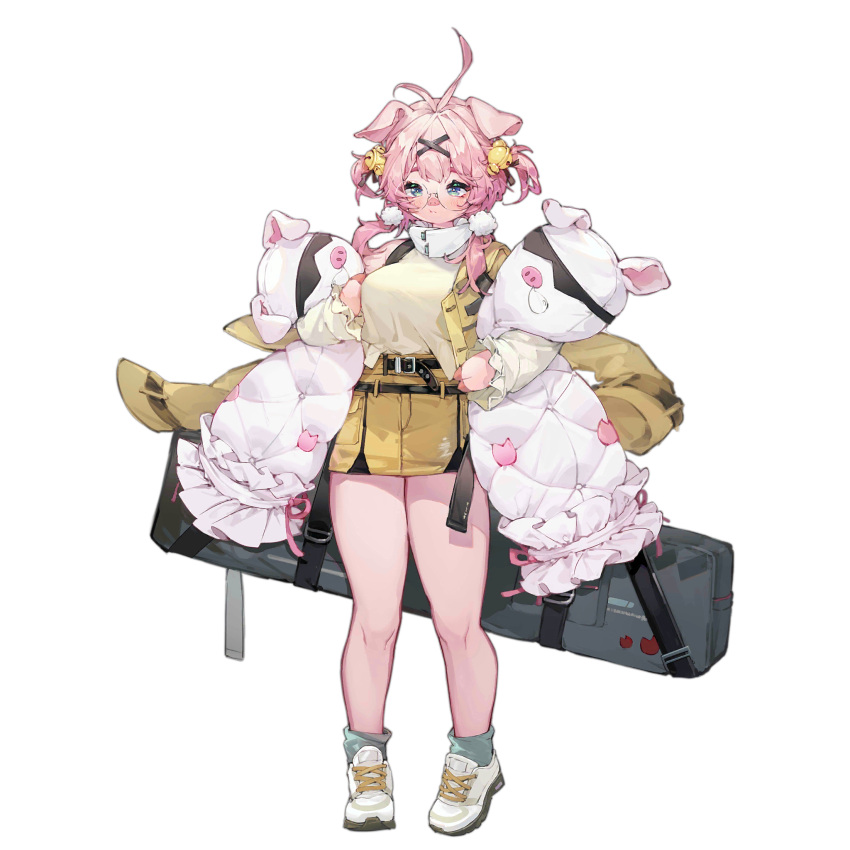 1girl ahoge animal_ears animal_pillow bell belt blue_eyes blush breasts colored_skin full_body furry game_cg girls'_frontline glasses hair_bell hair_ornament hairclip highres holding holding_pillow jacket large_breasts long_hair looking_at_viewer official_art pig_ears pig_girl pig_nose pillow pink_hair pink_skin shoes skirt socks solo tabuk_(girls'_frontline) tachi-e transparent_background twintails weapon_case yellow_jacket yellow_skirt you_hashira