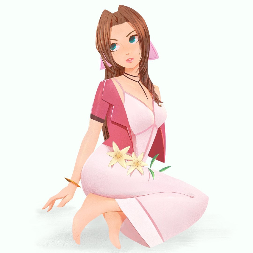 1girl aerith_gainsborough arm_behind_back bare_shoulders barefoot black_choker bmo_art bodysuit bow bracelet breasts brown_hair choker commentary cropped_jacket desk dress final_fantasy final_fantasy_vii flower green_eyes hair_bow hair_intakes jacket jewelry large_breasts lily_(flower) lips lipstick long_dress long_hair looking_to_the_side looking_up makeup necklace off_shoulder on_desk parted_hair pink_bodysuit pink_dress pink_lips ringlets simple_background sitting sitting_on_desk solo texture upturned_eyes v-shaped_eyebrows white_background yokozuwari