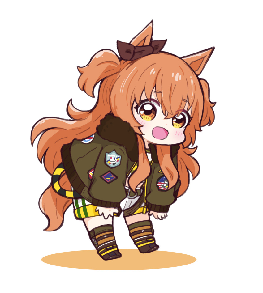 1girl :d animal_ears bangs blush boots brown_eyes brown_footwear brown_jacket brown_legwear brown_ribbon chibi colored_shadow commentary crop_top ear_ribbon eyebrows_visible_through_hair full_body fur-trimmed_jacket fur_trim hair_between_eyes highres hitomiz horse_ears horse_girl horse_tail jacket kneehighs long_hair long_sleeves looking_at_viewer mayano_top_gun_(umamusume) open_clothes open_jacket orange_hair puffy_long_sleeves puffy_sleeves ribbon shadow short_shorts shorts sleeves_past_wrists smile solo tail two_side_up umamusume very_long_hair white_background white_shorts