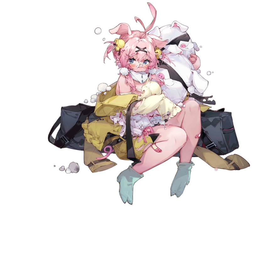 1girl ahoge animal_ears animal_pillow bandaid bandaid_on_leg bandaid_on_nose bell blue_eyes breasts colored_skin full_body furry game_cg girls'_frontline glasses hair_bell hair_ornament hairclip highres holding holding_pillow jacket large_breasts off_shoulder official_art pig_ears pig_girl pig_nose pillow pink_hair pink_skin pout sitting socks solo tabuk_(girls'_frontline) tachi-e tearing_up torn_clothes transparent_background twintails weapon_case yellow_jacket you_hashira