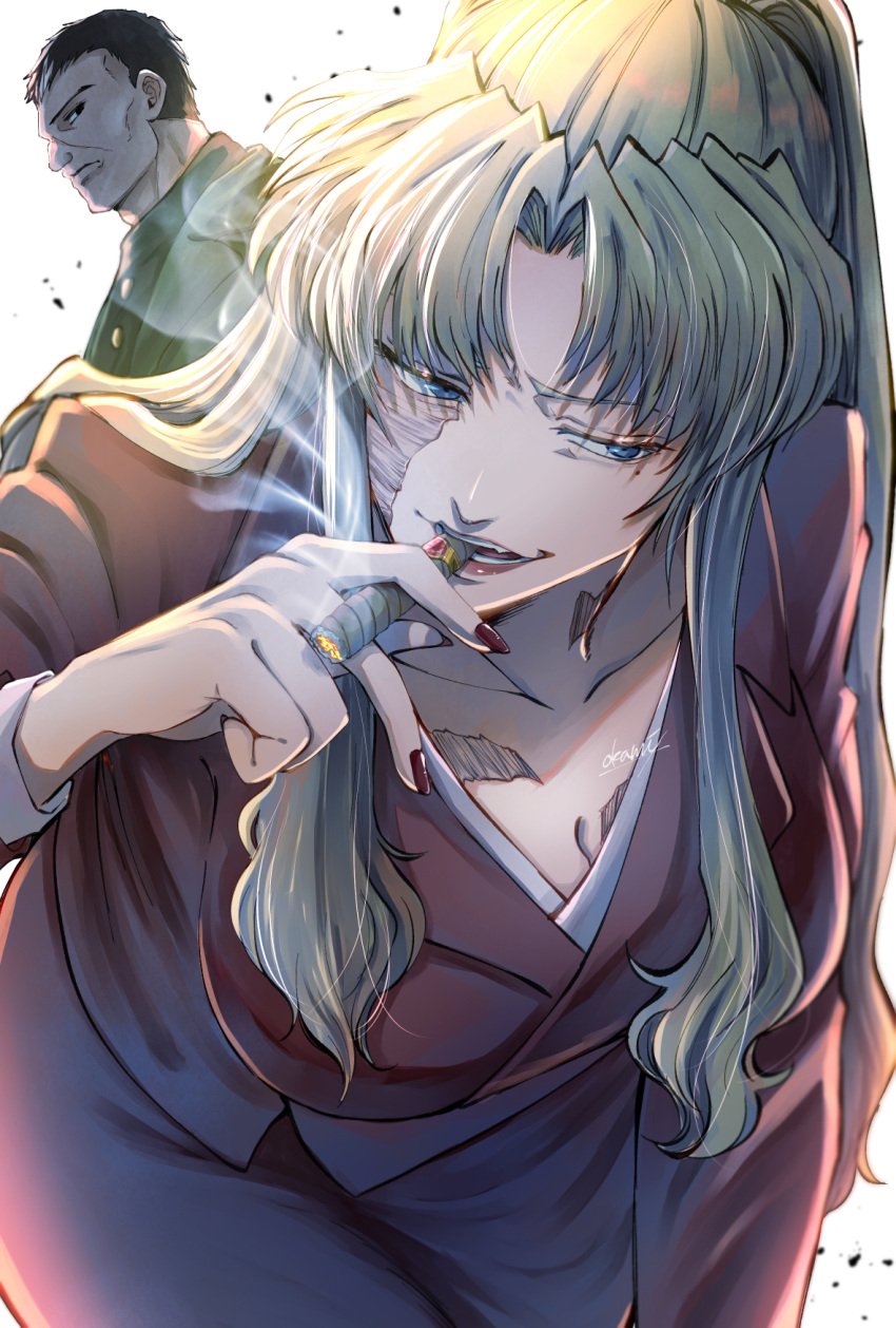 1boy 1girl balalaika_(black_lagoon) black_hair black_lagoon blonde_hair blue_eyes boris_(black_lagoon) breasts burn_scar cigar commentary_request formal highres holding holding_cigar jacket long_hair mole mole_under_eye nail_polish scar scar_on_face short_hair sidelocks signature skirt_suit smoking suit tondamanuke white_background