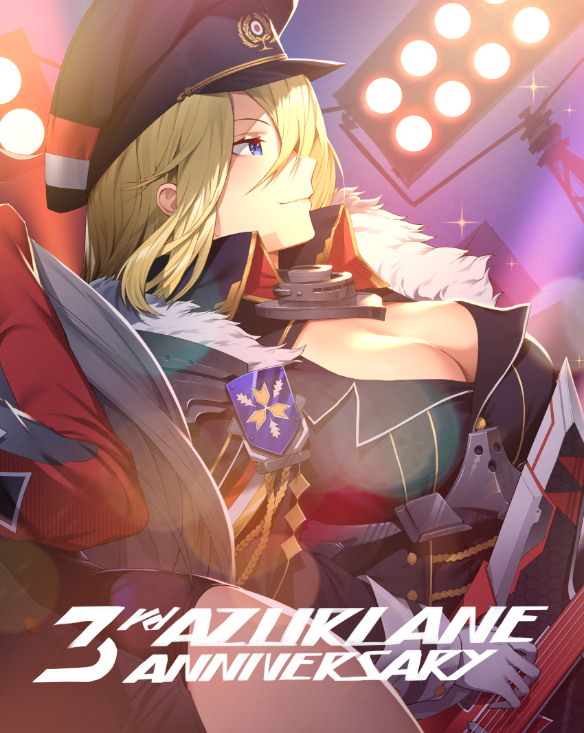 1girl absurdres aiguillette azur_lane bismarck_(azur_lane) bismarck_(coat_of_arms) black_headwear black_jacket blonde_hair blue_eyes breasts cape cleavage electric_guitar fur-trimmed_cape fur_trim gloves guitar hair_between_eyes hat highres holding holding_instrument instrument jacket large_breasts long_hair military military_uniform naval_uniform peaked_cap shinidei solo stage_lights uniform white_gloves