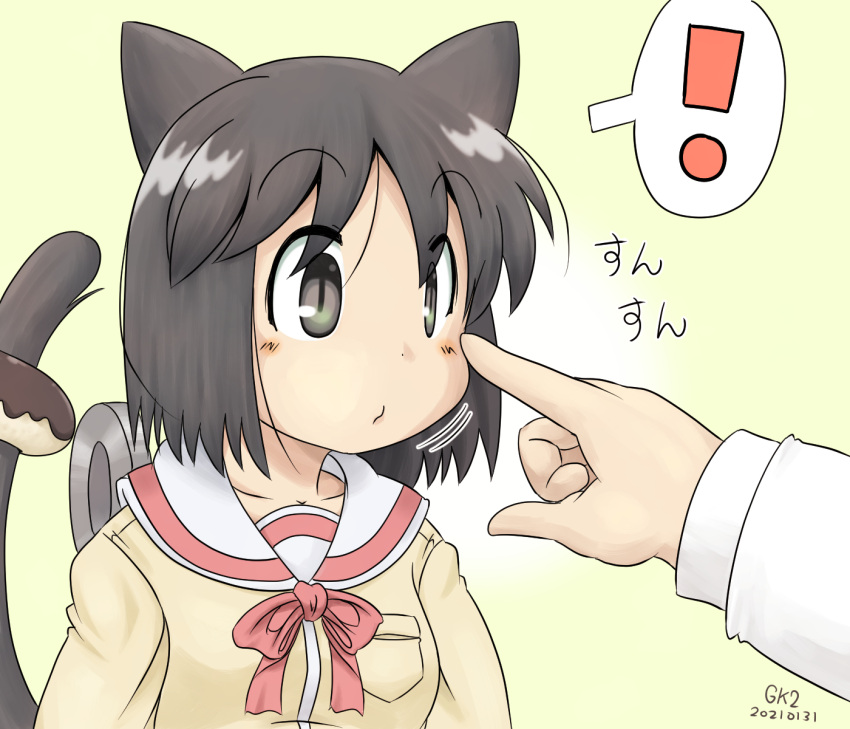 ! 1girl animal_ears artist_name black_eyes black_hair blush cat_ears cat_girl cat_tail closed_mouth commentary dated doughnut eyebrows_visible_through_hair food food_on_tail gaketsu gradient gradient_background green_background highres nichijou pointing pointing_at_another sailor_collar school_uniform shinonome_nano short_hair simple_background spoken_exclamation_mark tail tokisadame_school_uniform translated white_background winding_key