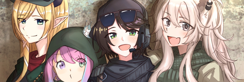 4girls absurdres black_hair blonde_hair crown eyewear_on_head fang grey_hair hat headset heterochromia highres himemori_luna hololive hood huge_filesize incredibly_absurdres long_hair mini_crown multiple_girls oozora_subaru pink_hair pointy_ears shishiro_botan short_hair smile sunglasses virtual_youtuber yuzuki_choco zexalmike