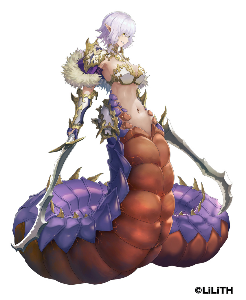 1girl armor armpits bangs bikini_armor breasts capelet cleavage commentary_request dual_wielding faulds full_body fur-trimmed_capelet fur_trim gauntlets hair_between_eyes hanekura_bou highres holding holding_sword holding_weapon lamia large_breasts looking_to_the_side medium_hair monster_girl navel official_art parted_lips pointy_ears purple_capelet scales shoulder_armor sidelocks silver_hair simple_background slit_pupils smile solo spikes stomach sword tachi-e taimanin_rpgx watermark weapon white_armor white_background yazaki_reiko yellow_eyes