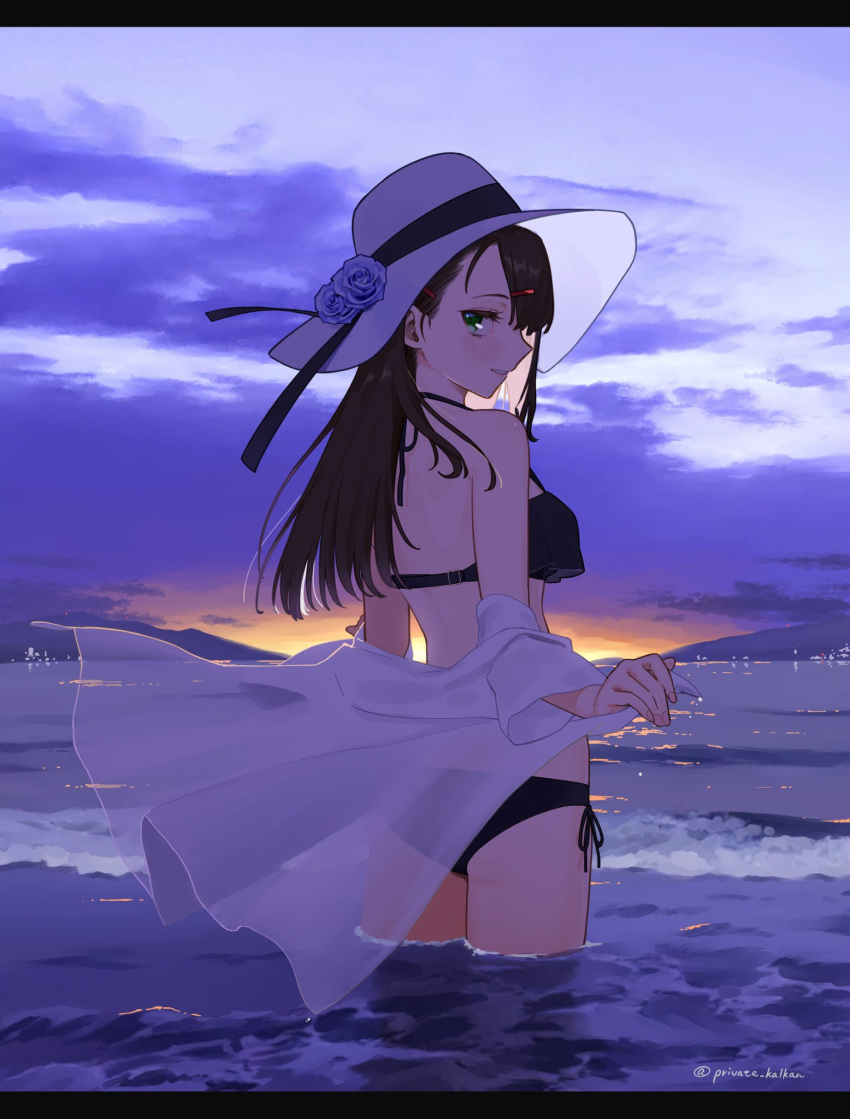 1girl angelica_(gunslinger_girl) asymmetrical_bangs bangs bare_shoulders bikini black_bikini blunt_ends breasts clothes_pull cloud cloudy_sky cowboy_shot floating_clothes flower_hat girls'_frontline gunslinger_girl halterneck hat highres letterboxed light_smile looking_at_viewer looking_back mitsusaka_mitsumi ocean outdoors profile shirt shirt_pull side-tie_bikini sky small_breasts solo straight_hair sun_hat sunset swimsuit wading waves white_shirt
